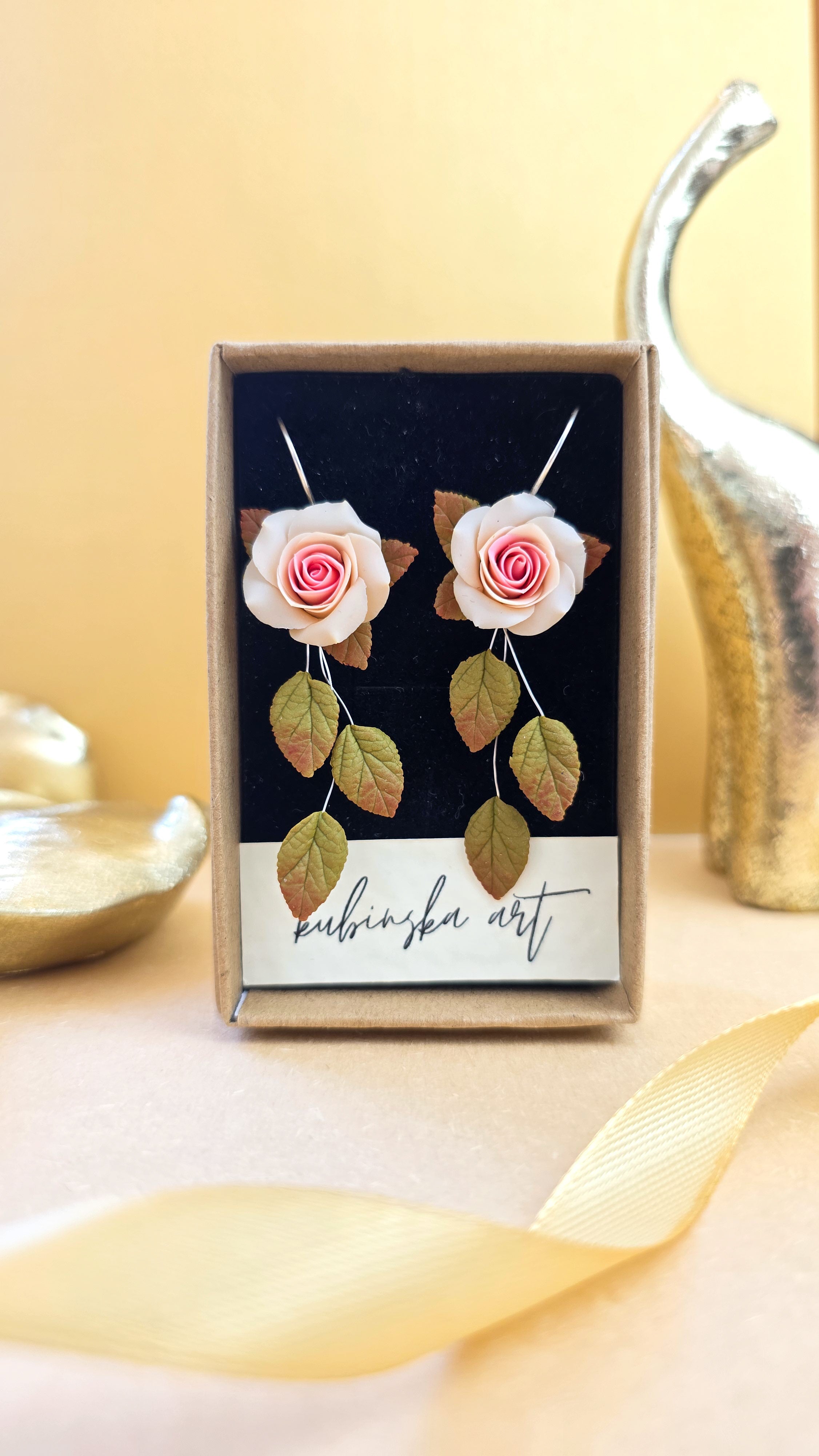 Cream Pink Roses - Danglers Earrings Silver