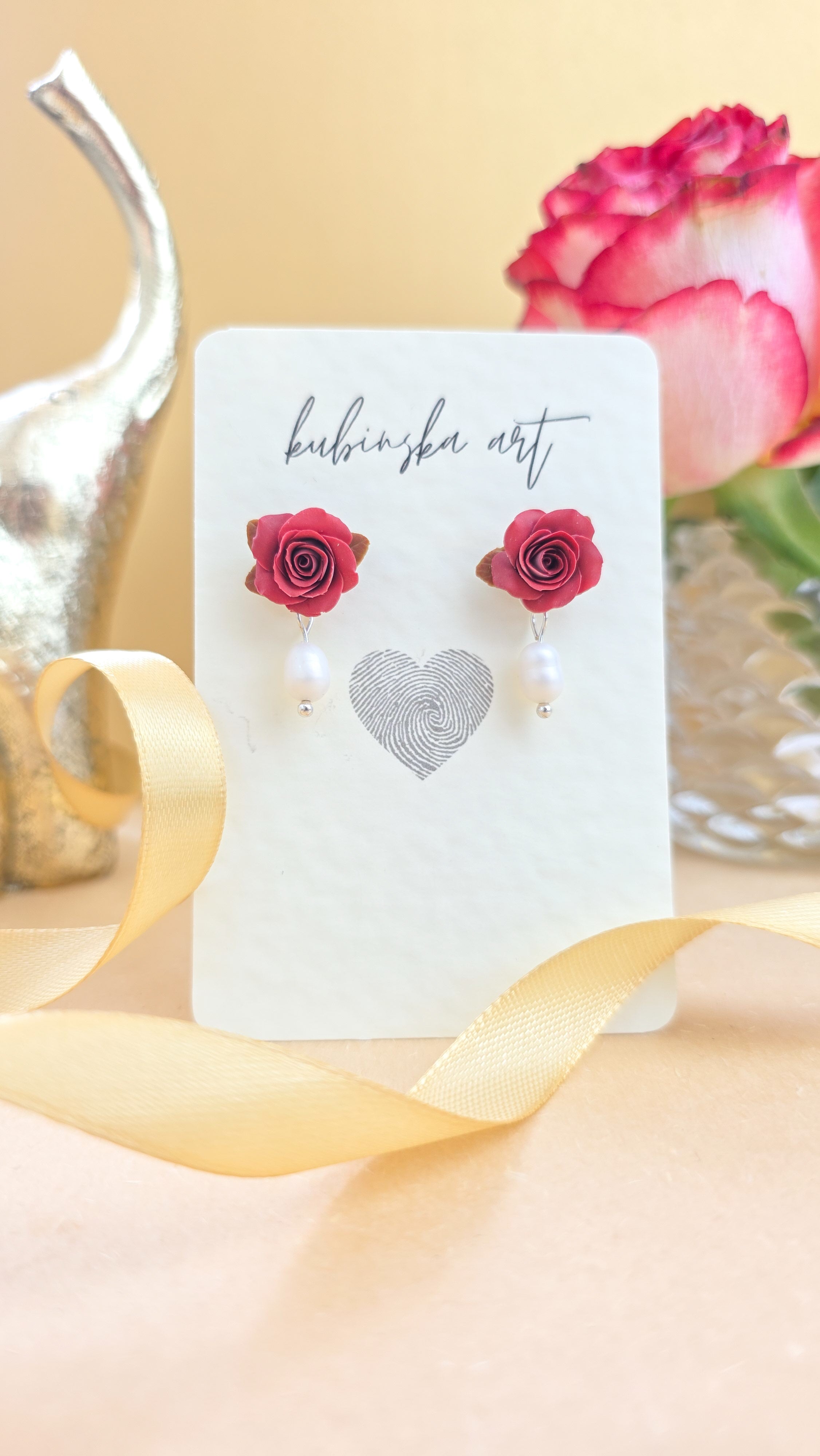 Mini Red Roses - Stud with Pearl