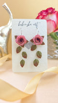 Dusty Pink Red Roses - Danglers Earrings Silver