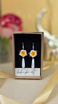 Mini Cream Yellow Roses - Danglers Earrings Silver