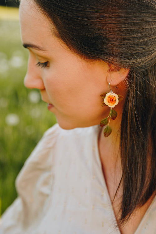 Cream Yellow Roses - Danglers Earrings Silver
